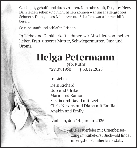 Traueranzeige von Helga Petermann von Laubacher Anzeiger