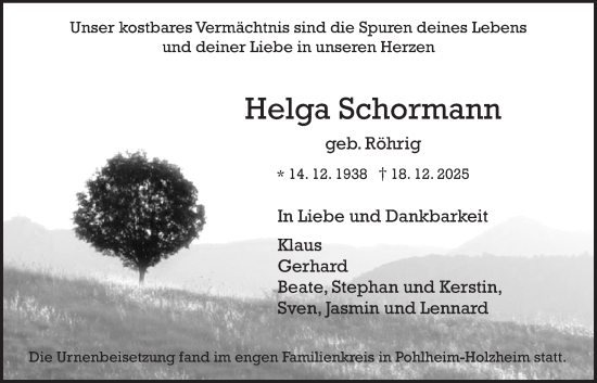 Traueranzeige von Helga Schormann von Pohlheimer Nachrichten, Giessener Allgemeine, Alsfelder Allgemeine