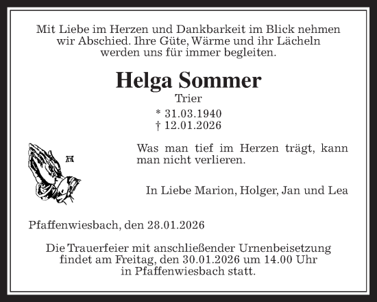 Traueranzeige von Helga Sommer von Usinger Anzeiger