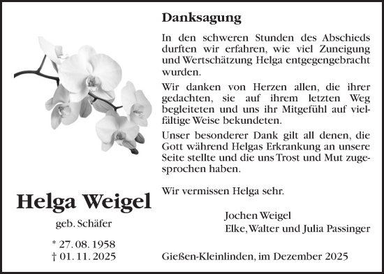 Traueranzeige von Helga Weigel von Giessener Allgemeine, Alsfelder Allgemeine, Giessener Anzeiger