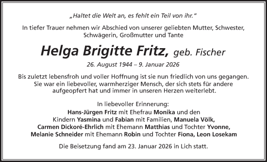 Traueranzeige von Helga Brigitte Fritz von Licher Wochenblatt