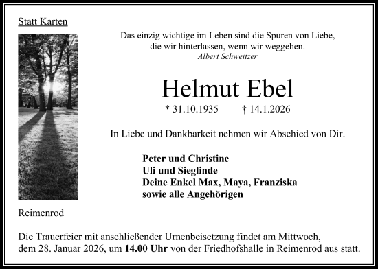 Traueranzeige von Helmut Ebel von Oberhessische Zeitung