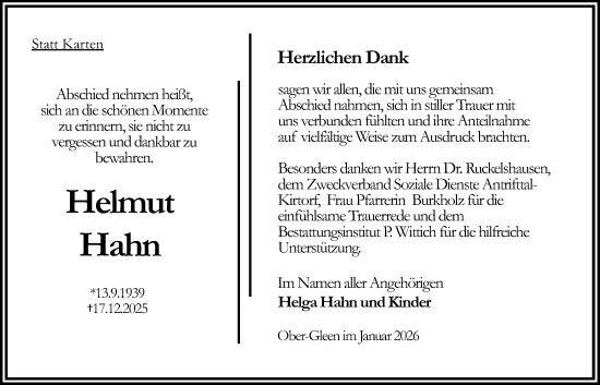 Traueranzeige von Helmut Hahn von Oberhessische Zeitung