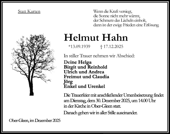Traueranzeige von Helmut Hahn von Oberhessische Zeitung, Oberhessische Zeitung