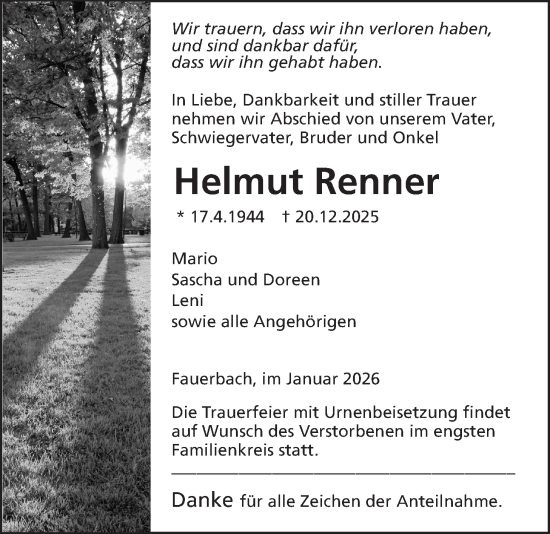 Traueranzeige von Helmut Renner von Kreis-Anzeiger