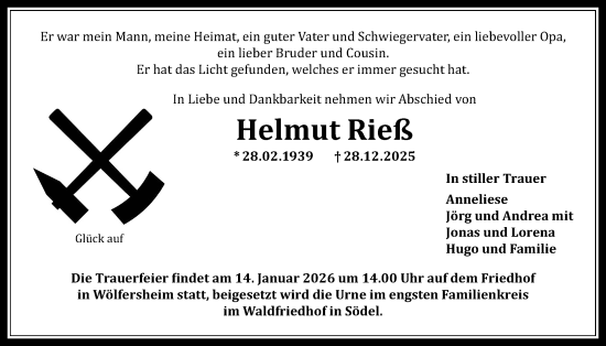 Traueranzeige von Helmut Rieß von Wetterauer Zeitung