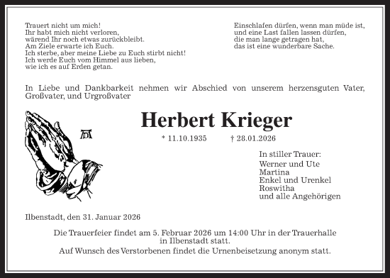 Traueranzeige von Herbert Krieger von Wetterauer Zeitung