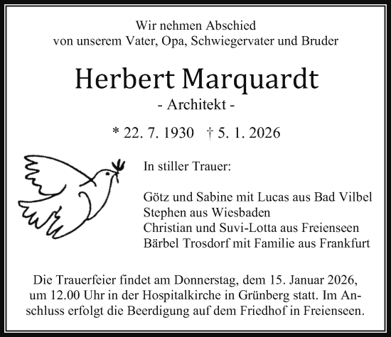 Traueranzeige von Herbert Marquardt von Giessener Allgemeine, Alsfelder Allgemeine