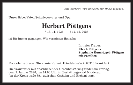 Traueranzeige von Herbert Pöttgens von Kreis-Anzeiger