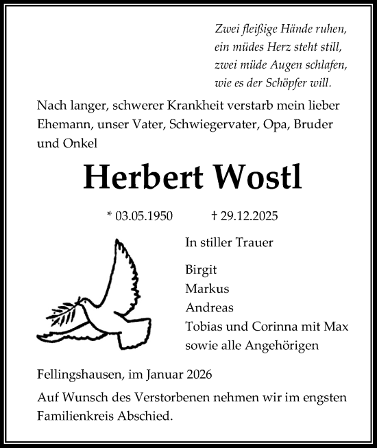 Traueranzeige von Herbert Wostl von Giessener Anzeiger