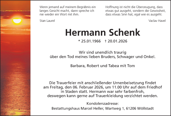 Traueranzeige von Hermann Schenk von Wetterauer Zeitung, Kreis-Anzeiger