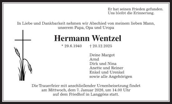 Traueranzeige von Hermann Wentzel von Giessener Anzeiger, Giessener Allgemeine, Alsfelder Allgemeine