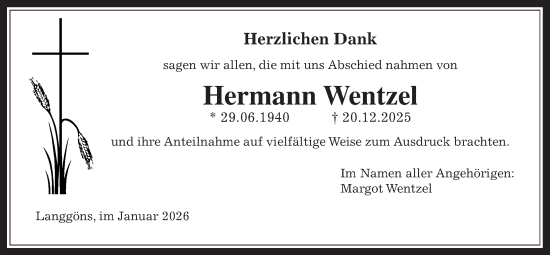 Traueranzeige von Hermann Wentzel von Giessener Anzeiger, Giessener Allgemeine, Alsfelder Allgemeine