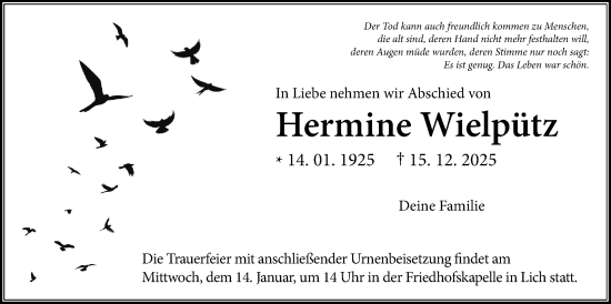 Traueranzeige von Hermine Wielpütz von Licher Wochenblatt