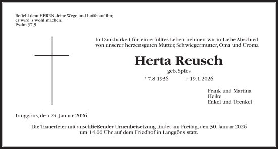 Traueranzeige von Herta Reusch von Giessener Anzeiger, Giessener Allgemeine, Alsfelder Allgemeine