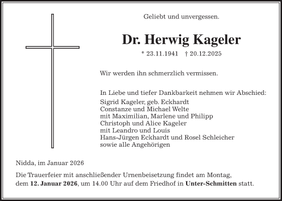Traueranzeige von Herwig Kageler von Kreis-Anzeiger