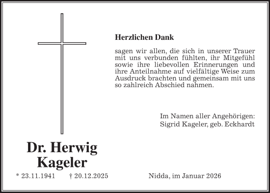 Traueranzeige von Herwig Kageler von Kreis-Anzeiger
