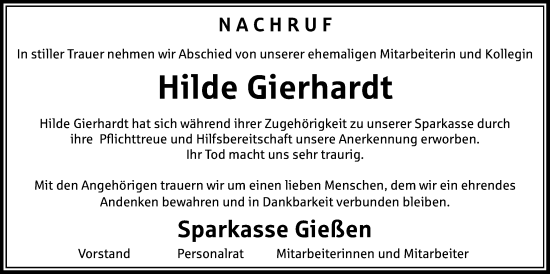 Traueranzeige von Hilde Gierhardt von Giessener Anzeiger, Giessener Allgemeine, Alsfelder Allgemeine