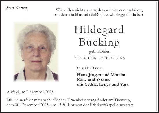 Traueranzeige von Hildegard Bücking von Oberhessische Zeitung