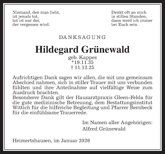 Traueranzeige von Hildegard Grünewald von Oberhessische Zeitung