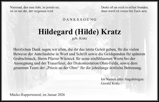 Traueranzeige von Hildegard Kratz von Mücker Stimme