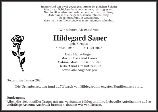 Traueranzeige von Hildegard Sauer von Kreis-Anzeiger