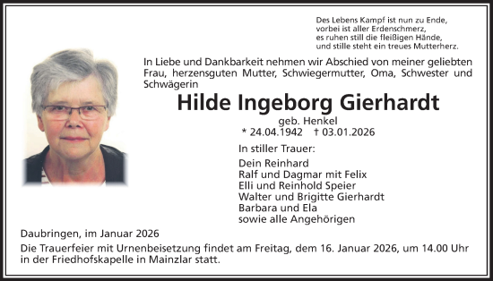 Traueranzeige von Hilde Ingeborg Gierhardt von Giessener Anzeiger, Giessener Allgemeine, Alsfelder Allgemeine