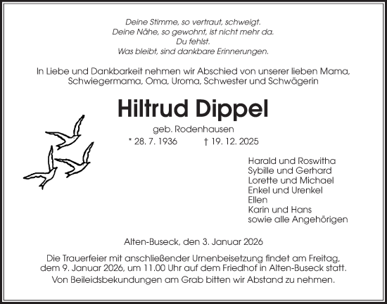 Traueranzeige von Hiltrud Dippel von Giessener Anzeiger, Giessener Allgemeine, Alsfelder Allgemeine