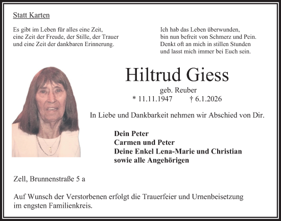 Traueranzeige von Hiltrud Giess von Oberhessische Zeitung