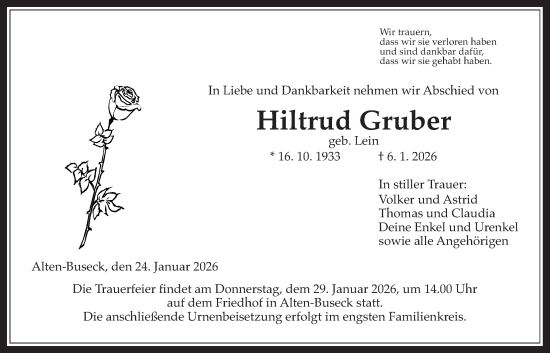 Traueranzeige von Hiltrud Gruber von Giessener Anzeiger, Giessener Allgemeine, Alsfelder Allgemeine