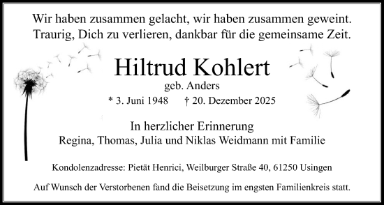 Traueranzeige von Hiltrud Kohlert von Usinger Anzeigenblatt