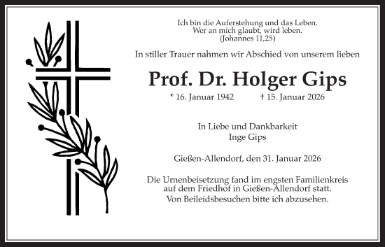 Traueranzeige von Holger Gips von Giessener Anzeiger