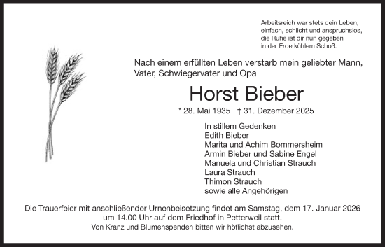 Traueranzeige von Horst Bieber von Bad Vilbel/Karben