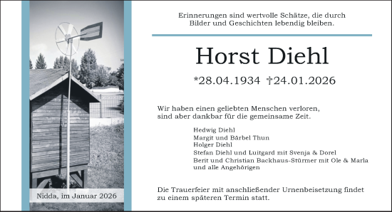 Traueranzeige von Horst Diehl von Kreis-Anzeiger