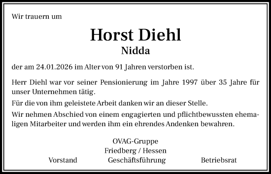 Traueranzeige von Horst Diehl von Kreis-Anzeiger