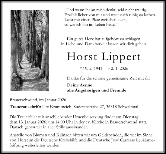 Traueranzeige von Horst Lippert von Oberhessische Zeitung
