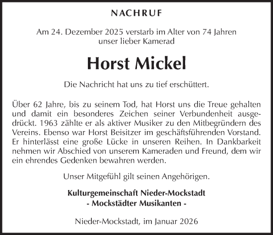 Traueranzeige von Horst Mickel von Kreis-Anzeiger