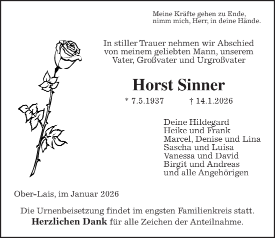 Traueranzeige von Horst Sinner von Kreis-Anzeiger