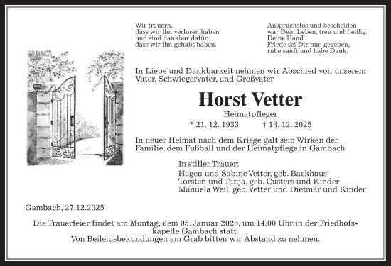 Traueranzeige von Horst Vetter von Butzbacher Zeitung