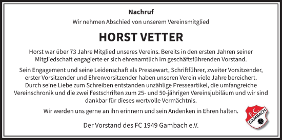 Traueranzeige von Horst Vetter von Butzbacher Zeitung