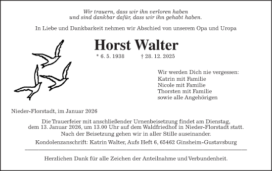 Traueranzeige von Horst Walter von Wetterauer Zeitung