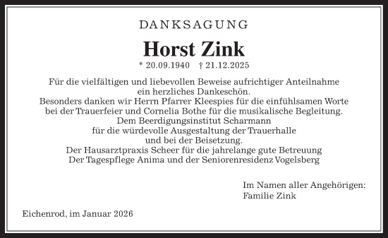 Traueranzeige von Horst Zink von Lauterbacher Anzeiger