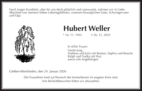 Traueranzeige von Hubert Weller von Giessener Anzeiger, Giessener Allgemeine, Alsfelder Allgemeine