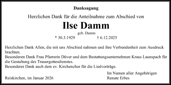 Traueranzeige von Ilse Damm von Giessener Allgemeine, Alsfelder Allgemeine