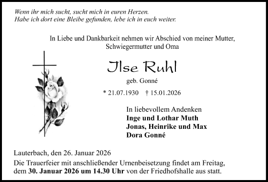 Traueranzeige von Ilse Ruhl von Lauterbacher Anzeiger