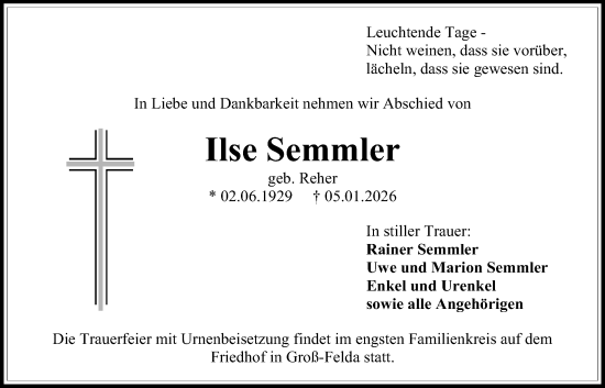 Traueranzeige von Ilse Semmler von Oberhessische Zeitung