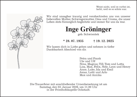 Traueranzeige von Inge Gröninger von Wetterauer Zeitung, Wetterauer Zeitung