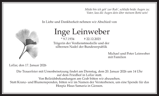 Traueranzeige von Inge Leinweber von Giessener Allgemeine, Alsfelder Allgemeine