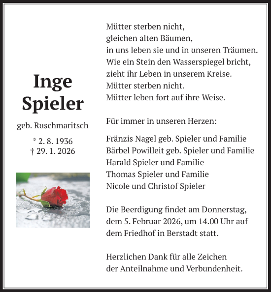 Traueranzeige von Inge Spieler von Wetterauer Zeitung