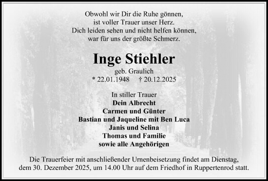 Traueranzeige von Inge Stiehler von Giessener Allgemeine, Alsfelder Allgemeine, Giessener Allgemeine, Alsfelder Allgemeine